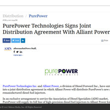 PurePower Technologies Signs Joint Distribution Agreement With Alliant Power